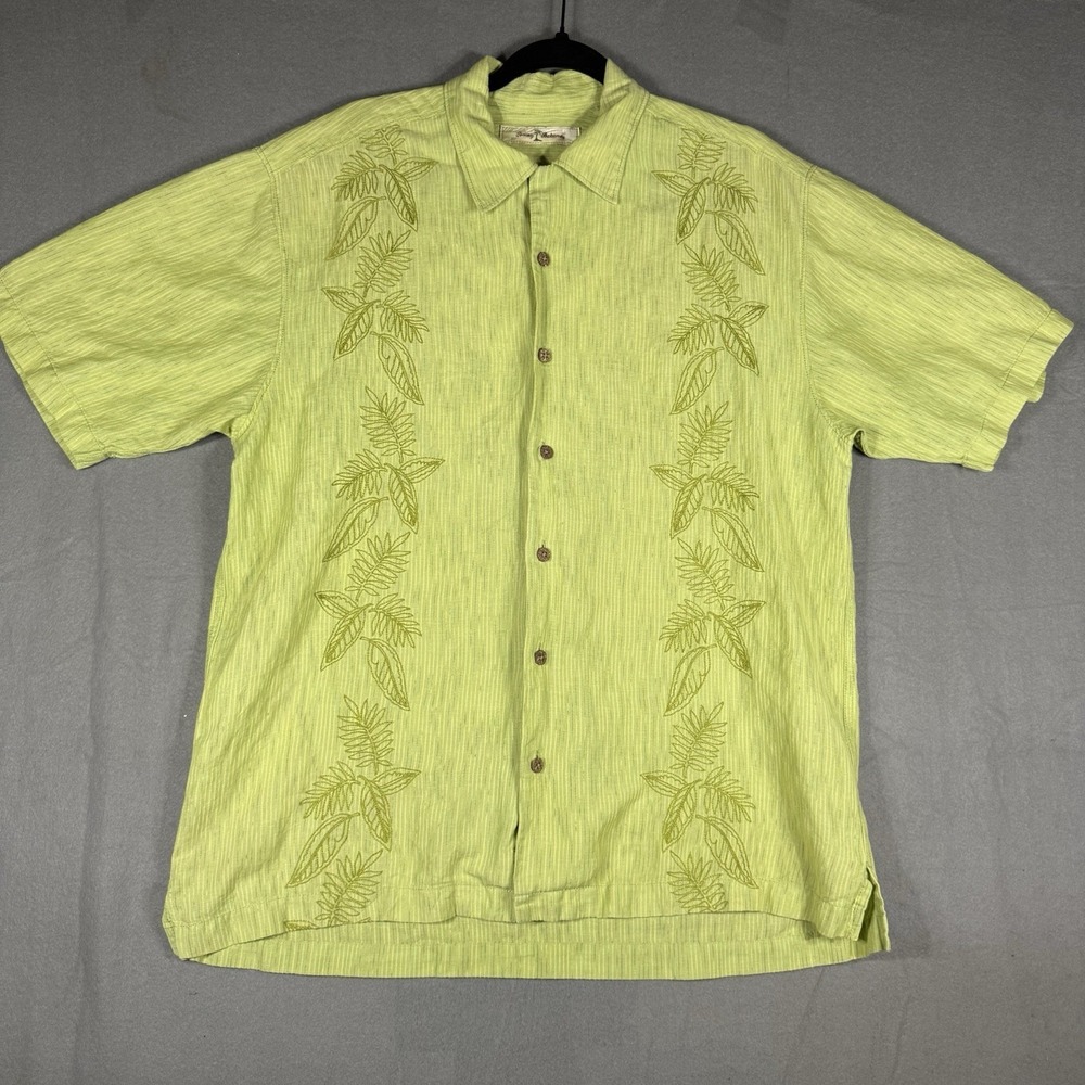Tommy Bahama Linen Blend Hawaiian Shirt Mens Medium Green Embroidered Camp Aloha